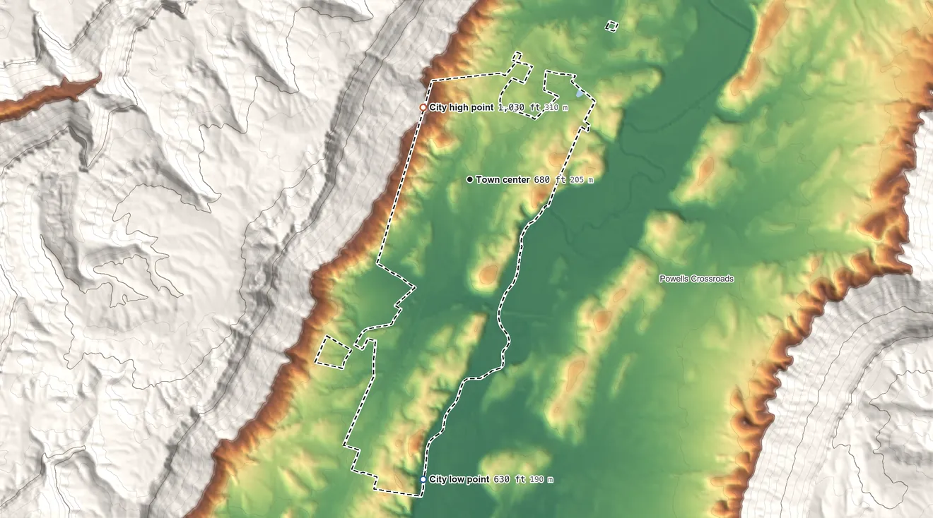 Topographic elevation map of Whitwell, Tennessee, shaded from 630 ft on the south side to 1,030 ft on the northwest edge, below higher ground just outside