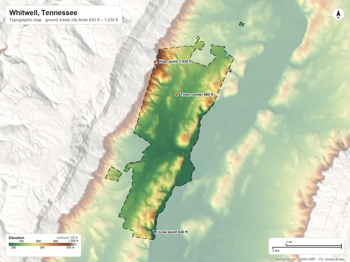 Topographic elevation map of Whitwell, Tennessee, shaded from 630 ft on the south side to 1,030 ft on the northwest edge, below higher ground just outside