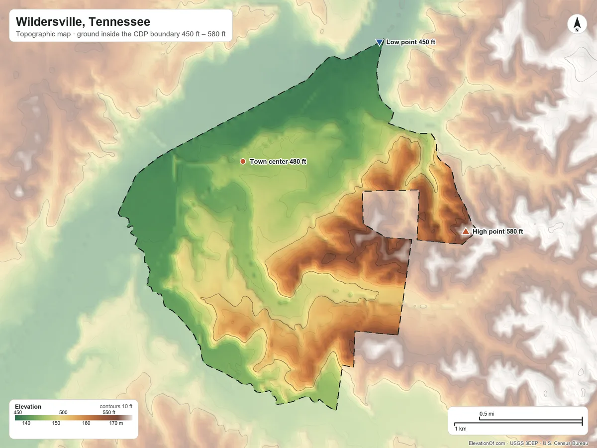 Topographic elevation map of Wildersville, Tennessee, shaded from 450 ft on the northeast side to 580 ft on the east side