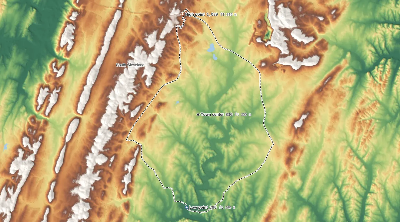 Topographic elevation map of Wildwood Lake, Tennessee, shaded from 790 ft on the south side to 1,020 ft on the north side