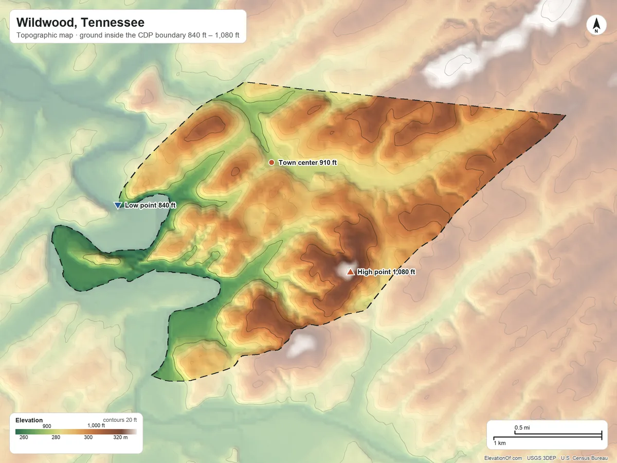 Topographic elevation map of Wildwood, Tennessee, shaded from 840 ft on the west side to 1,080 ft on the southeast side