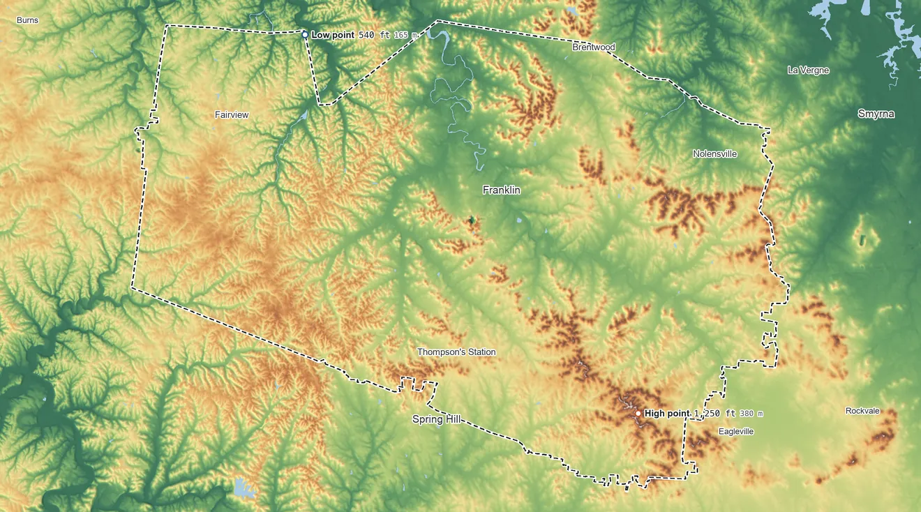 Topographic elevation map of Williamson County, Tennessee, shaded from 540 ft on the northwest side to 1,250 ft on the southeast side