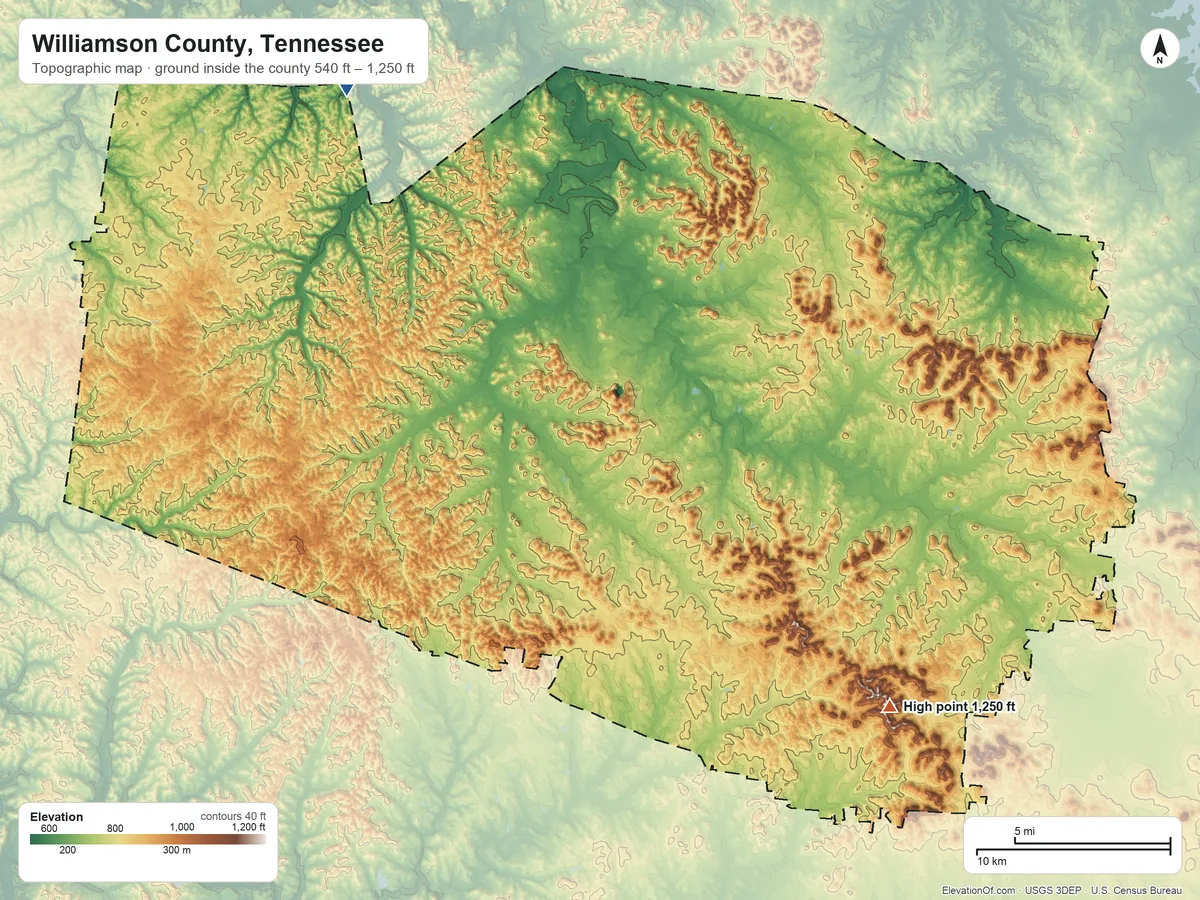 Topographic elevation map of Williamson County, Tennessee, shaded from 540 ft on the northwest side to 1,250 ft on the southeast side