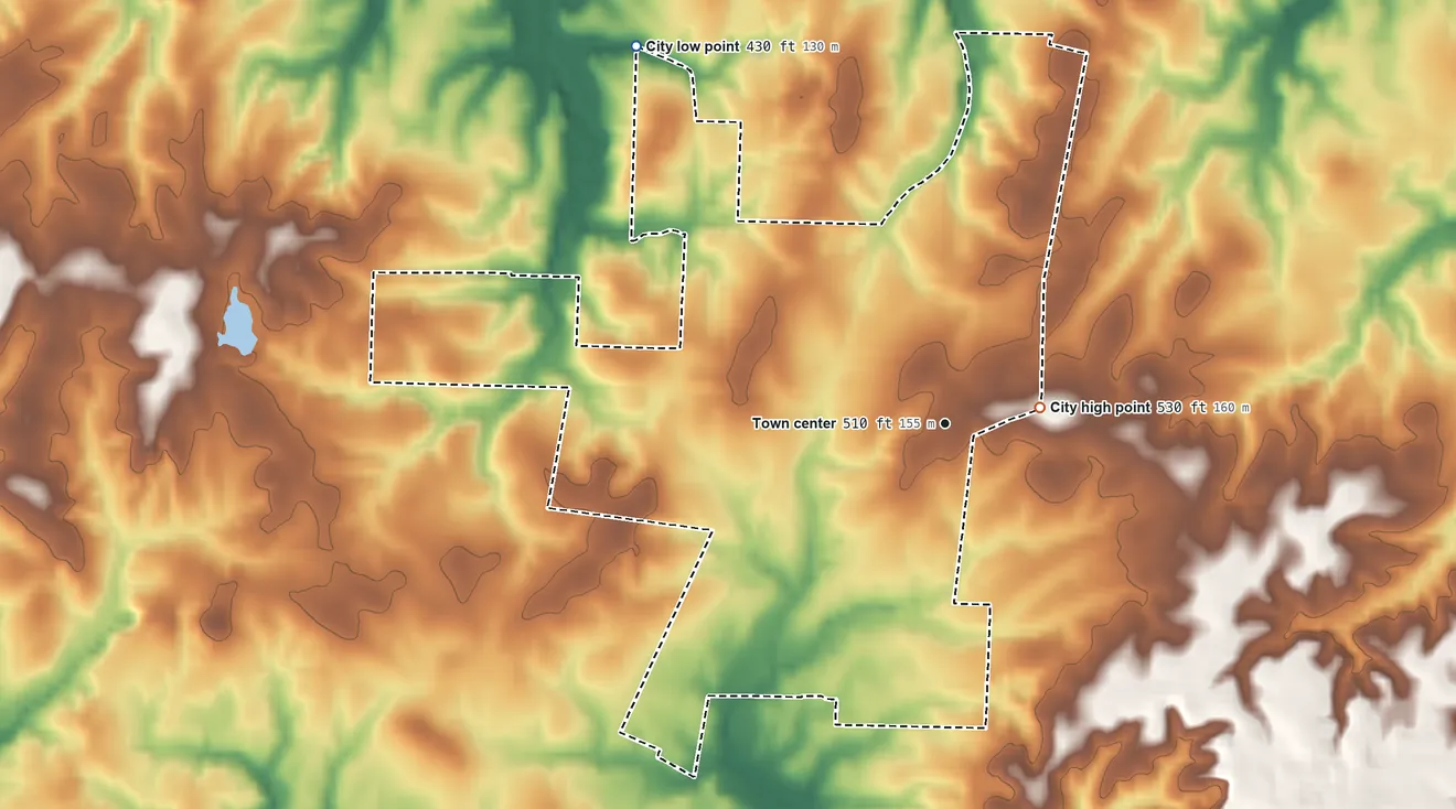 Topographic elevation map of Williston, Tennessee, shaded from 430 ft on the northwest side to 530 ft near the middle