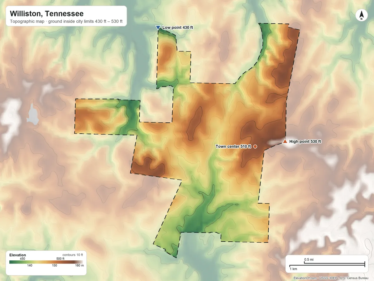 Topographic elevation map of Williston, Tennessee, shaded from 430 ft on the northwest side to 530 ft near the middle