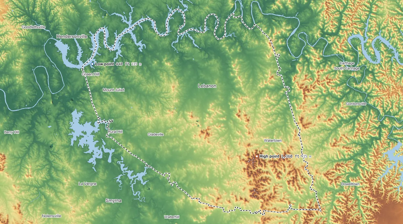 Topographic elevation map of Wilson County, Tennessee, shaded from 440 ft on the northwest side to 1,360 ft on the southeast side