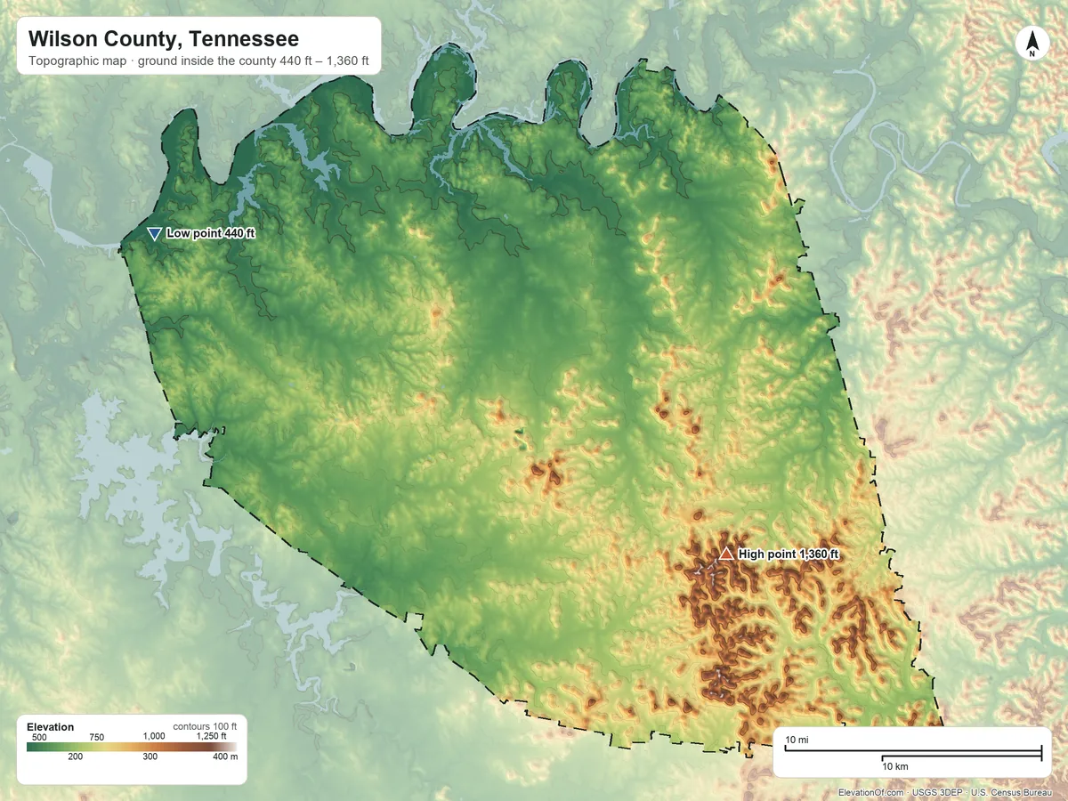 Topographic elevation map of Wilson County, Tennessee, shaded from 440 ft on the northwest side to 1,360 ft on the southeast side