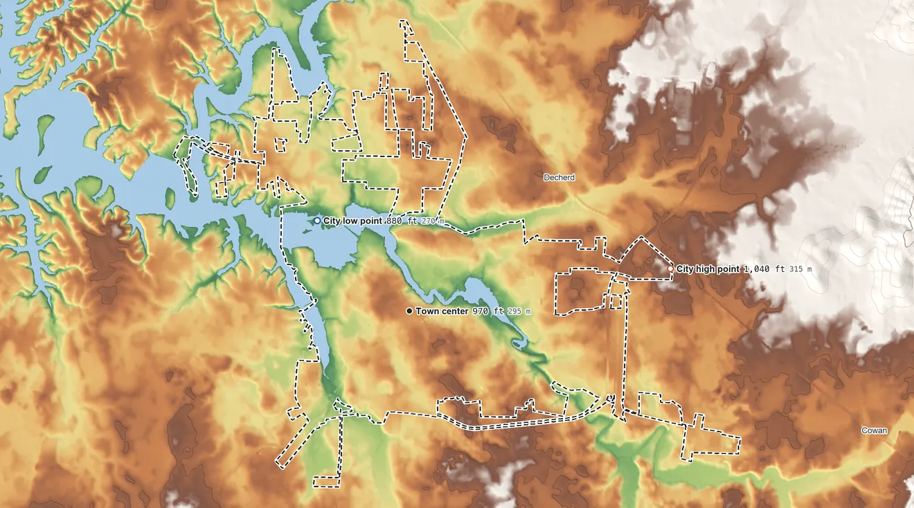 Topographic elevation map of Winchester, Tennessee, shaded from 880 ft on the northwest side to 1,040 ft on the east side