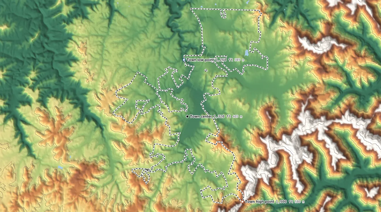 Topographic elevation map of Winfield, Tennessee, shaded from 1,260 ft on the north side to 1,900 ft on the southeast edge, below higher ground just outside