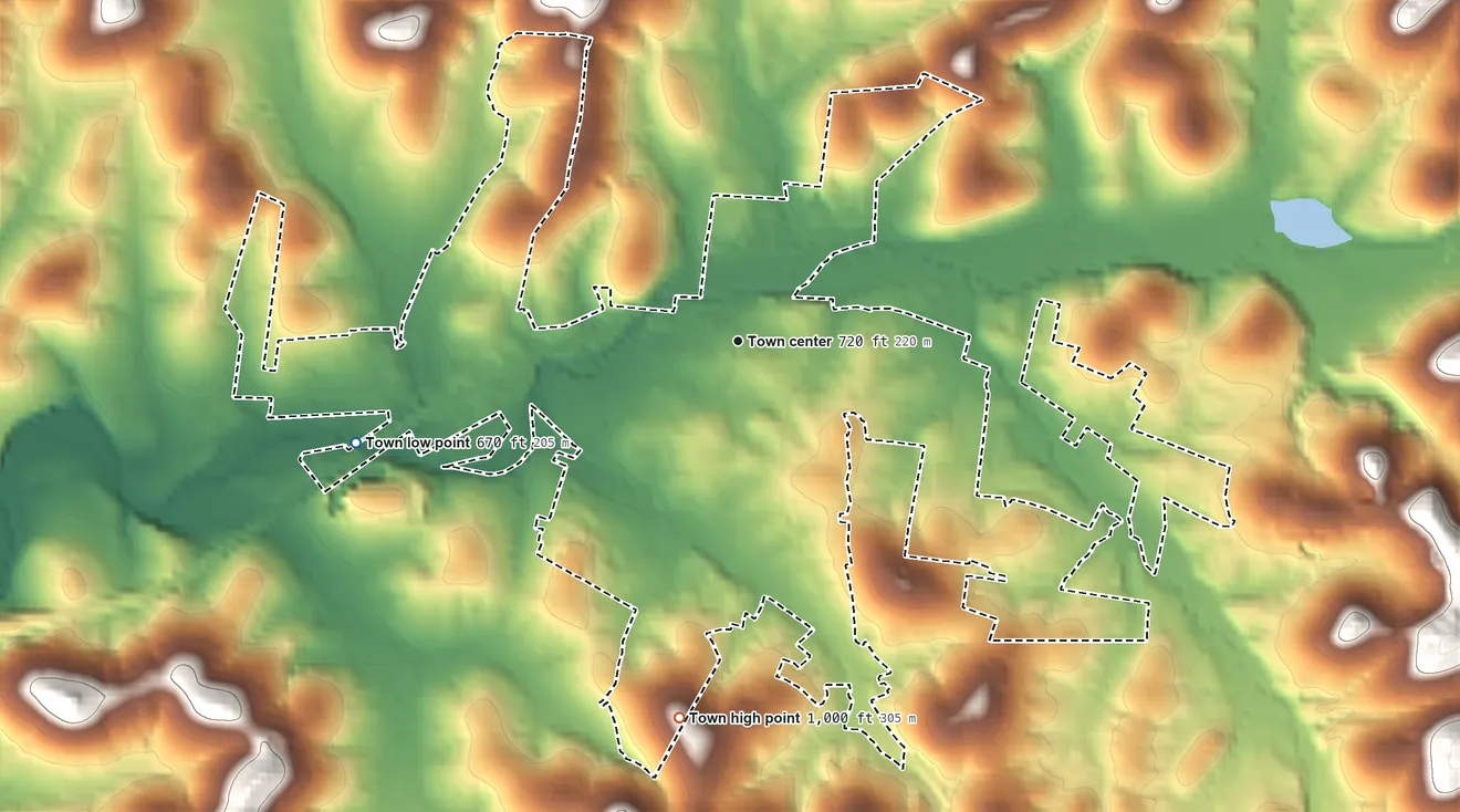 Topographic elevation map of Woodbury, Tennessee, shaded from 670 ft on the west side to 1,000 ft on the south side
