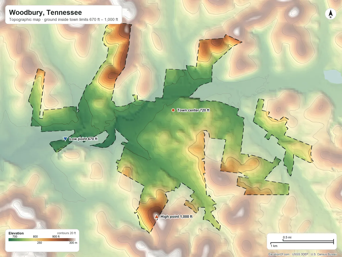 Topographic elevation map of Woodbury, Tennessee, shaded from 670 ft on the west side to 1,000 ft on the south side