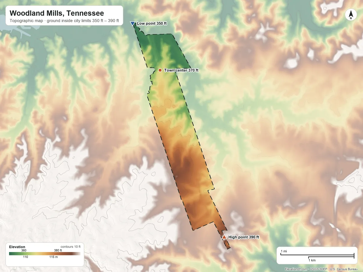 Topographic elevation map of Woodland Mills, Tennessee, shaded from 350 ft on the northwest side to 390 ft on the south side