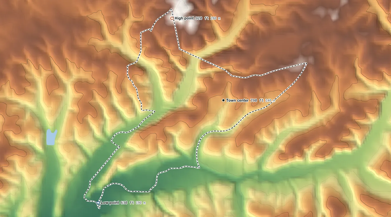 Topographic elevation map of Wrigley, Tennessee, shaded from 630 ft on the southwest side to 920 ft on the northwest side