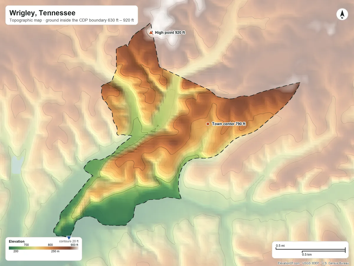 Topographic elevation map of Wrigley, Tennessee, shaded from 630 ft on the southwest side to 920 ft on the northwest side