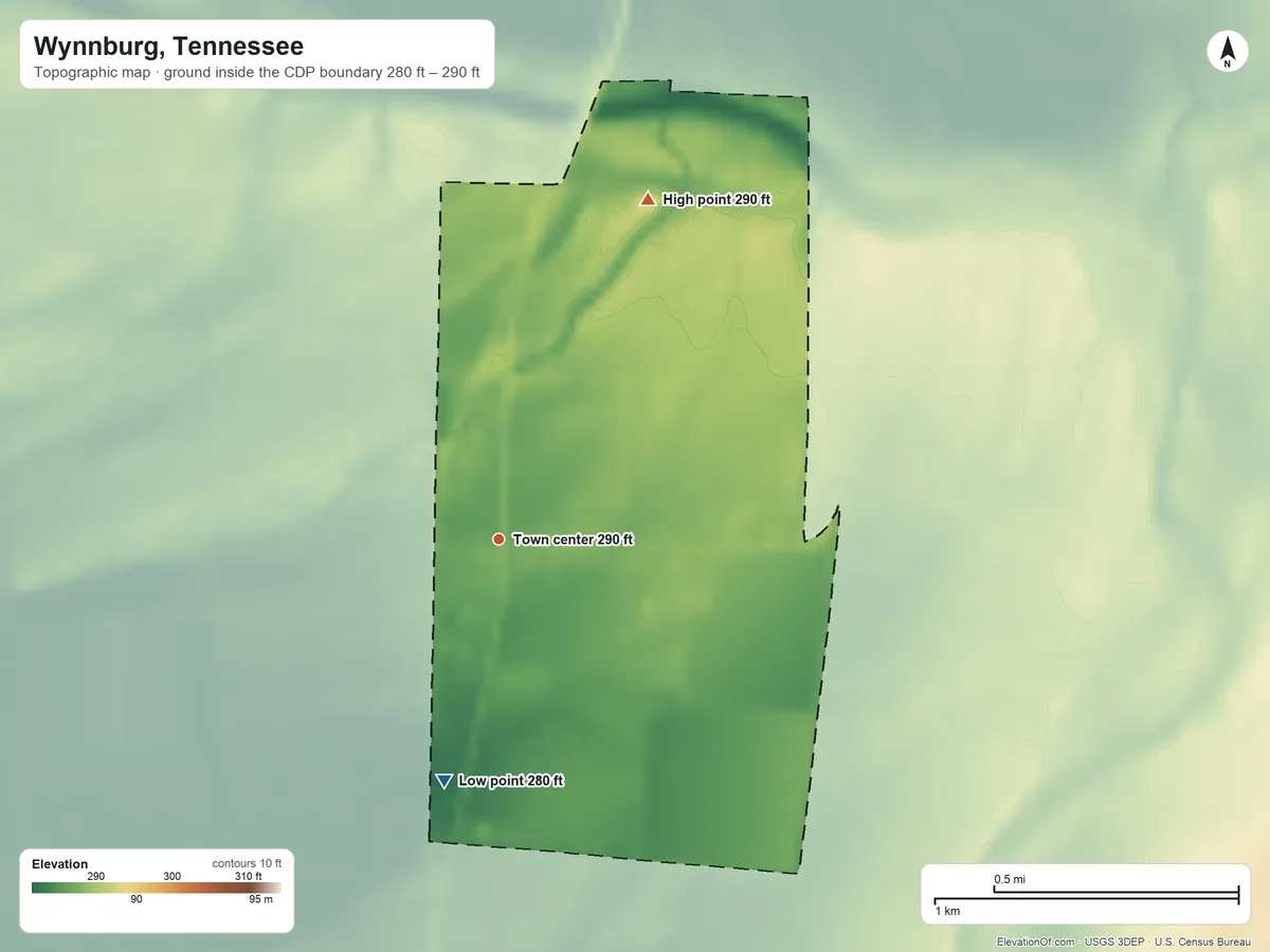 Topographic elevation map of Wynnburg, Tennessee, shaded from 280 ft on the south side to 290 ft on the northeast side