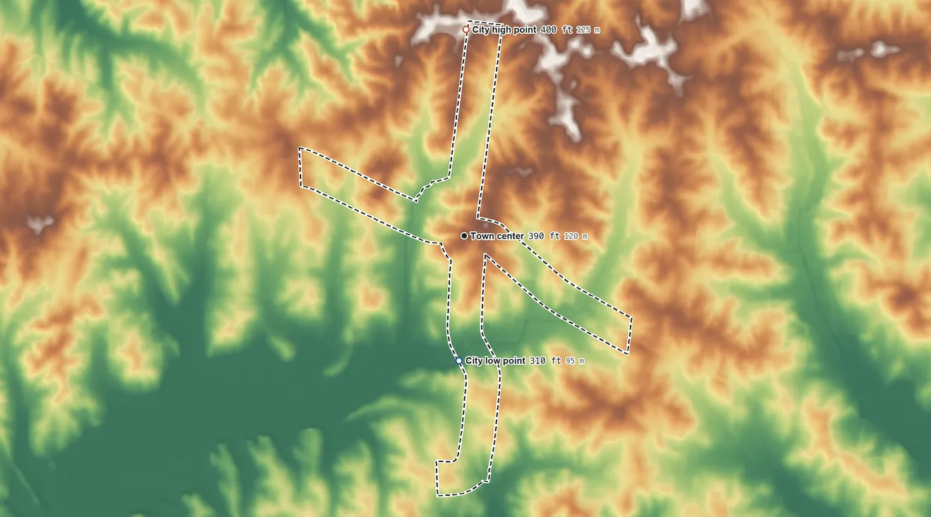 Topographic elevation map of Yorkville, Tennessee, shaded from 310 ft on the south side to 400 ft on the north side