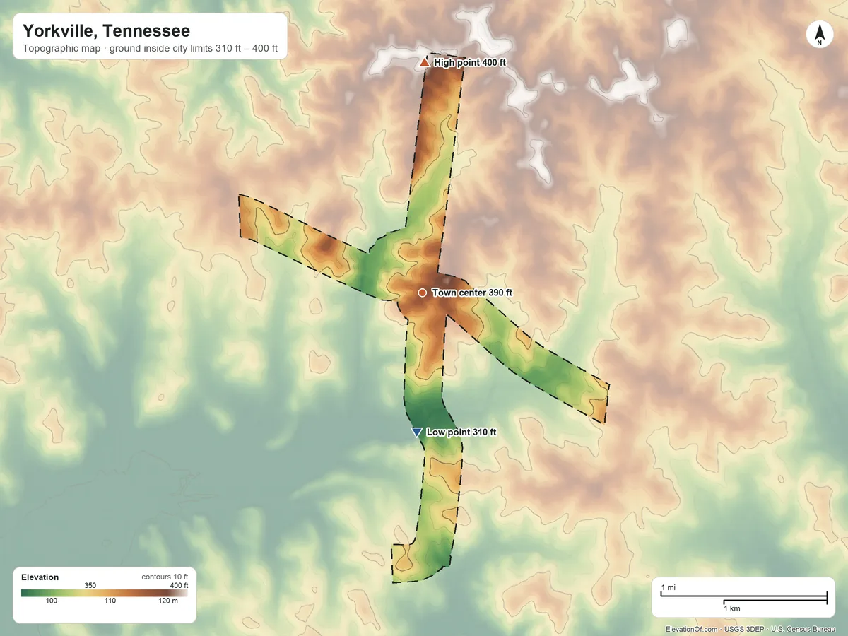 Topographic elevation map of Yorkville, Tennessee, shaded from 310 ft on the south side to 400 ft on the north side