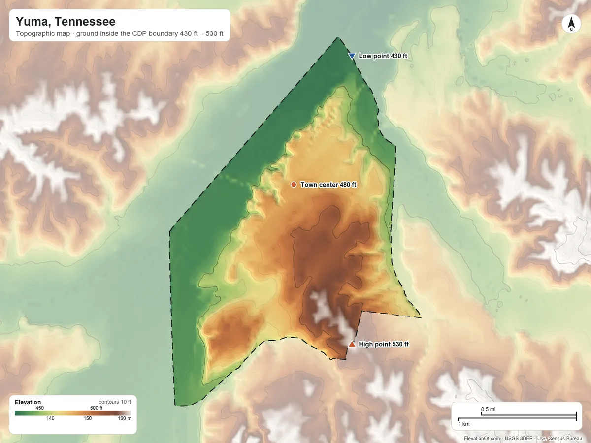 Topographic elevation map of Yuma, Tennessee, shaded from 430 ft on the northeast side to 530 ft on the south side