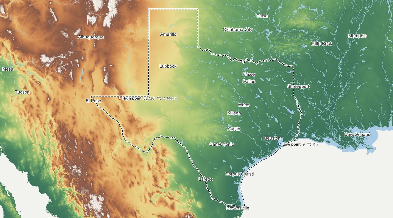 Topographic elevation map of Texas, shaded from sea level on Galveston Bay to 8,730 ft on Guadalupe Peak