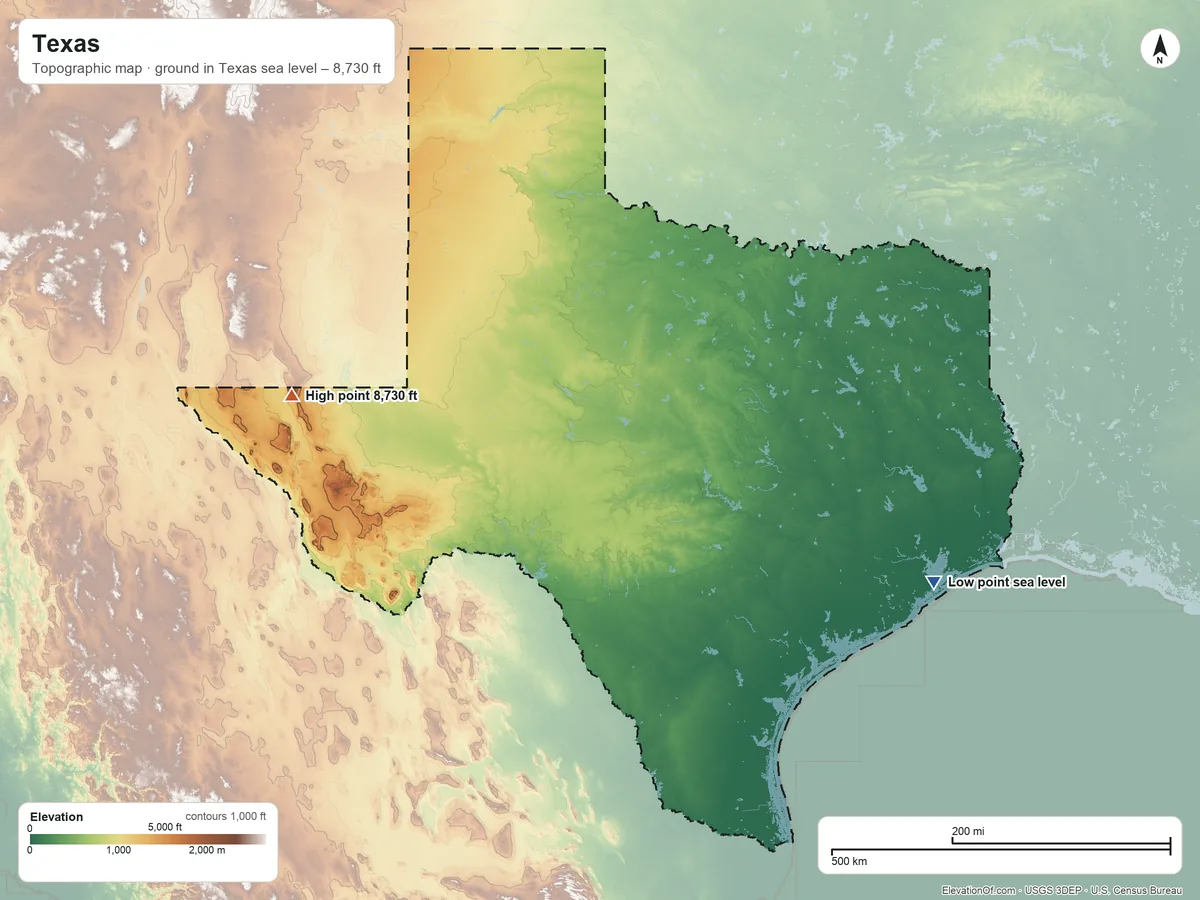 Topographic elevation map of Texas, shaded from sea level on Galveston Bay to 8,730 ft on Guadalupe Peak