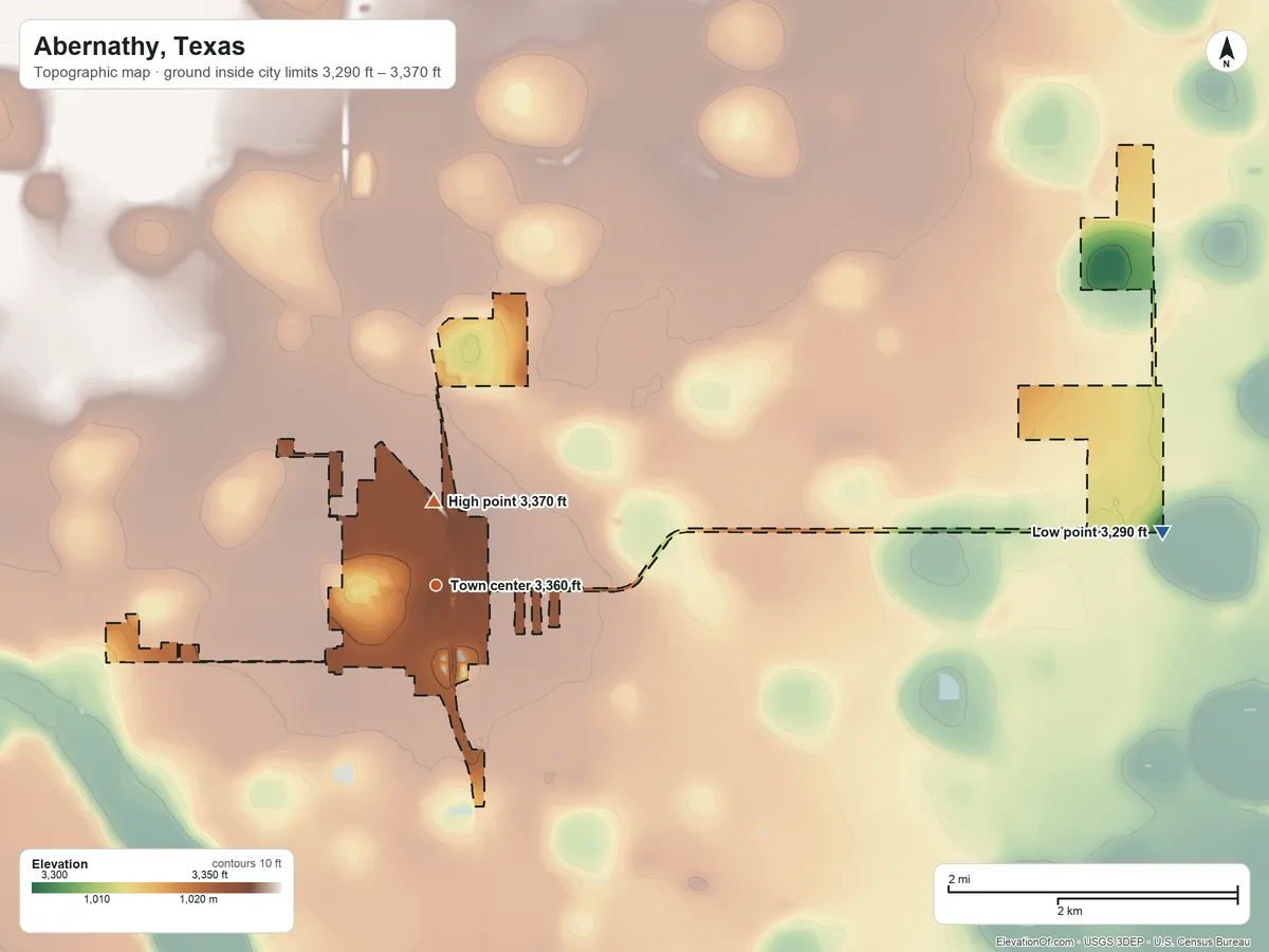 Topographic elevation map of Abernathy, Texas, shaded from 3,290 ft on the east side to 3,370 ft near the middle