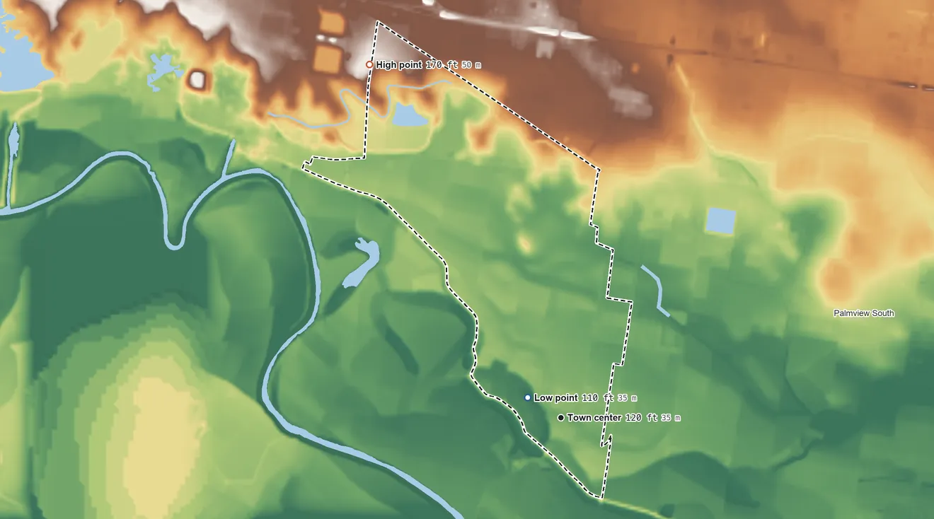 Topographic elevation map of Abram, Texas, shaded from 110 ft near the middle to 170 ft on the northwest side
