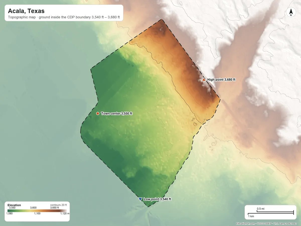 Topographic elevation map of Acala, Texas, shaded from 3,540 ft on the southeast side to 3,680 ft on the east side