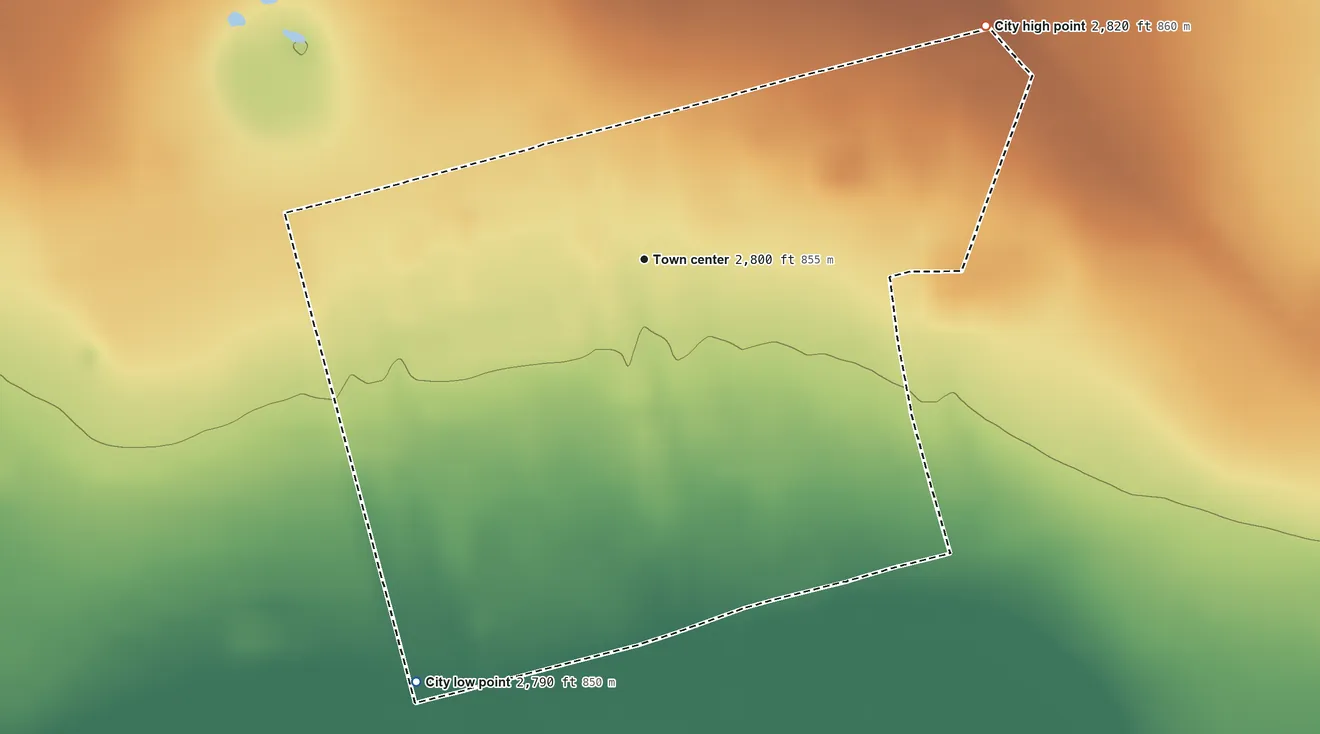 Topographic elevation map of Ackerly, Texas, shaded from 2,790 ft on the southwest side to 2,820 ft on the northeast side