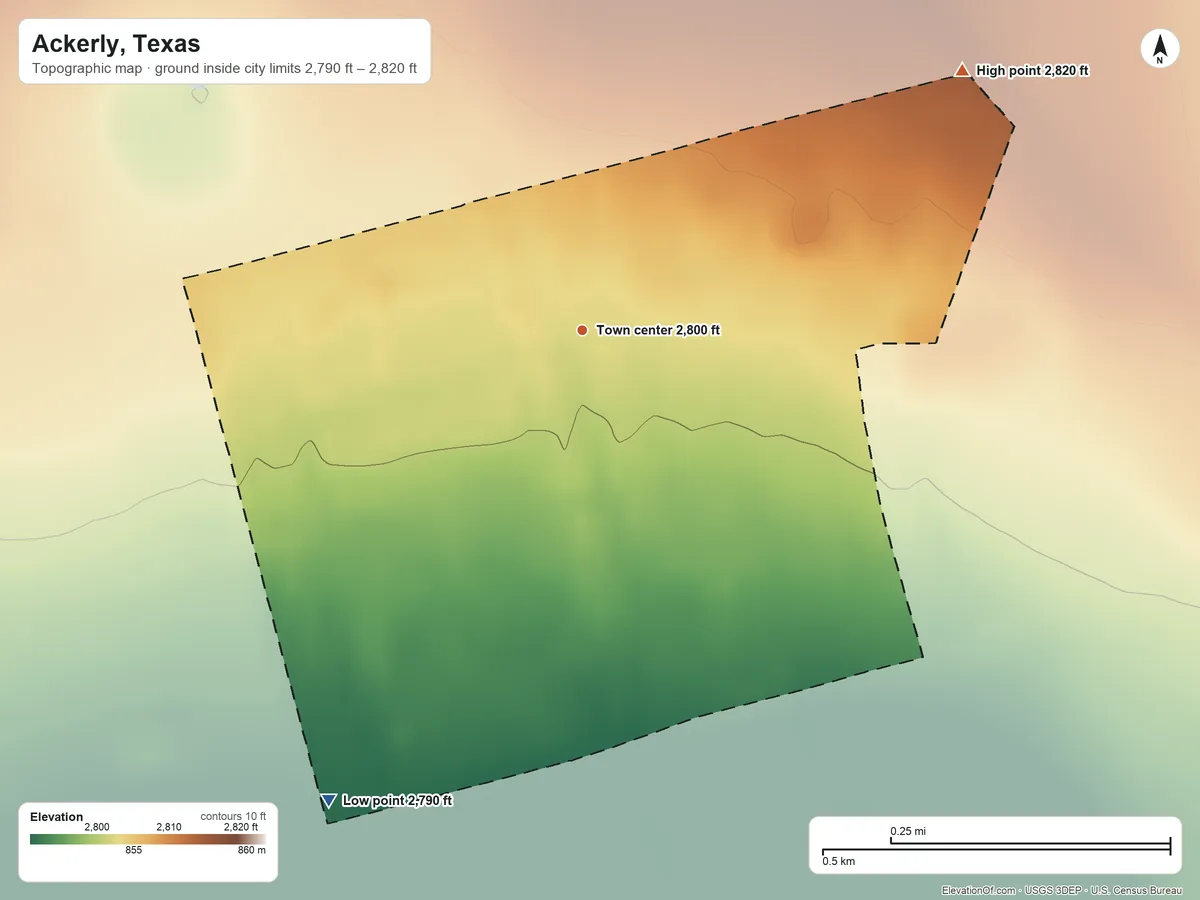Topographic elevation map of Ackerly, Texas, shaded from 2,790 ft on the southwest side to 2,820 ft on the northeast side