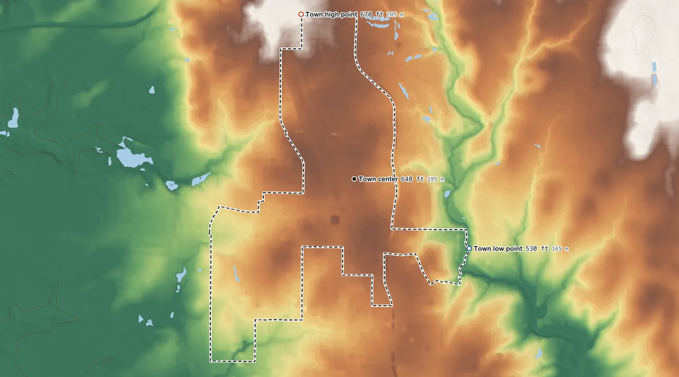 Topographic elevation map of Addison, Texas, shaded from 530 ft on the southeast side to 670 ft on the north side