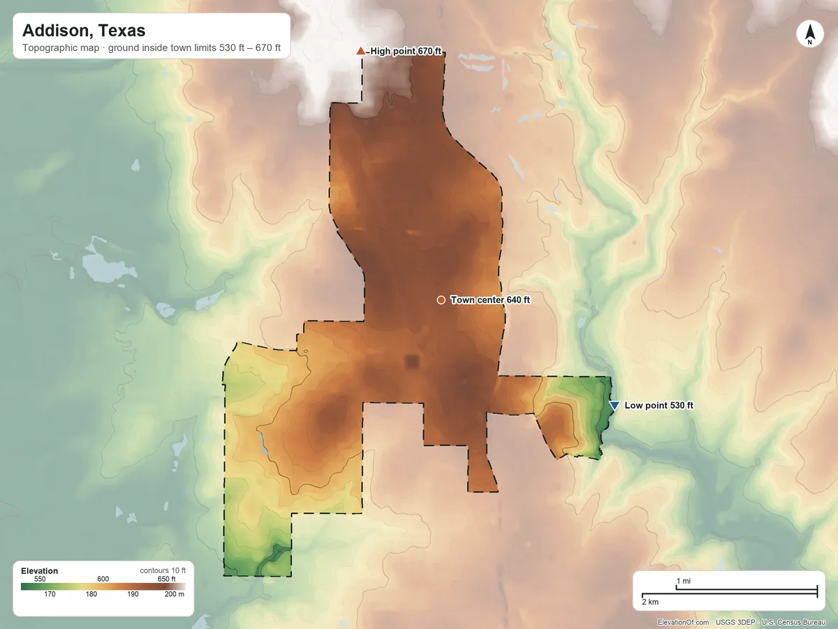 Topographic elevation map of Addison, Texas, shaded from 530 ft on the southeast side to 670 ft on the north side