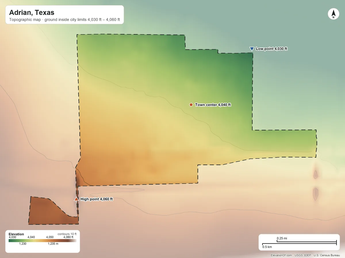 Topographic elevation map of Adrian, Texas, shaded from 4,030 ft on the northeast side to 4,060 ft on the southwest side
