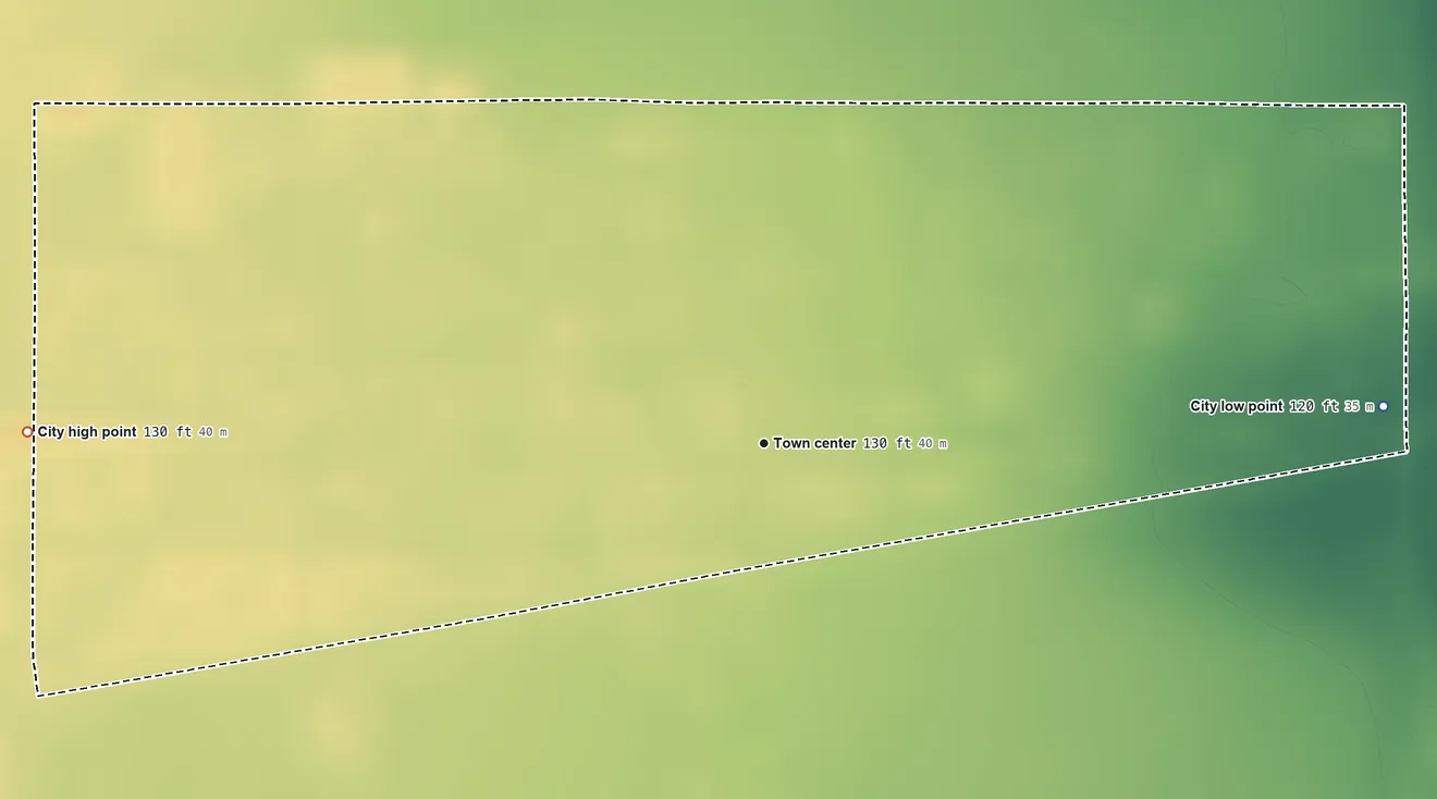 Topographic elevation map of City of Agua Dulce, Texas, shaded from 120 ft on the east side to 130 ft on the west side