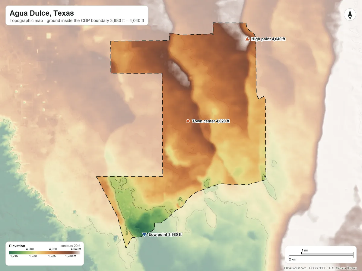 Topographic elevation map of Agua Dulce, Texas, shaded from 3,980 ft on the south side to 4,040 ft on the northeast side