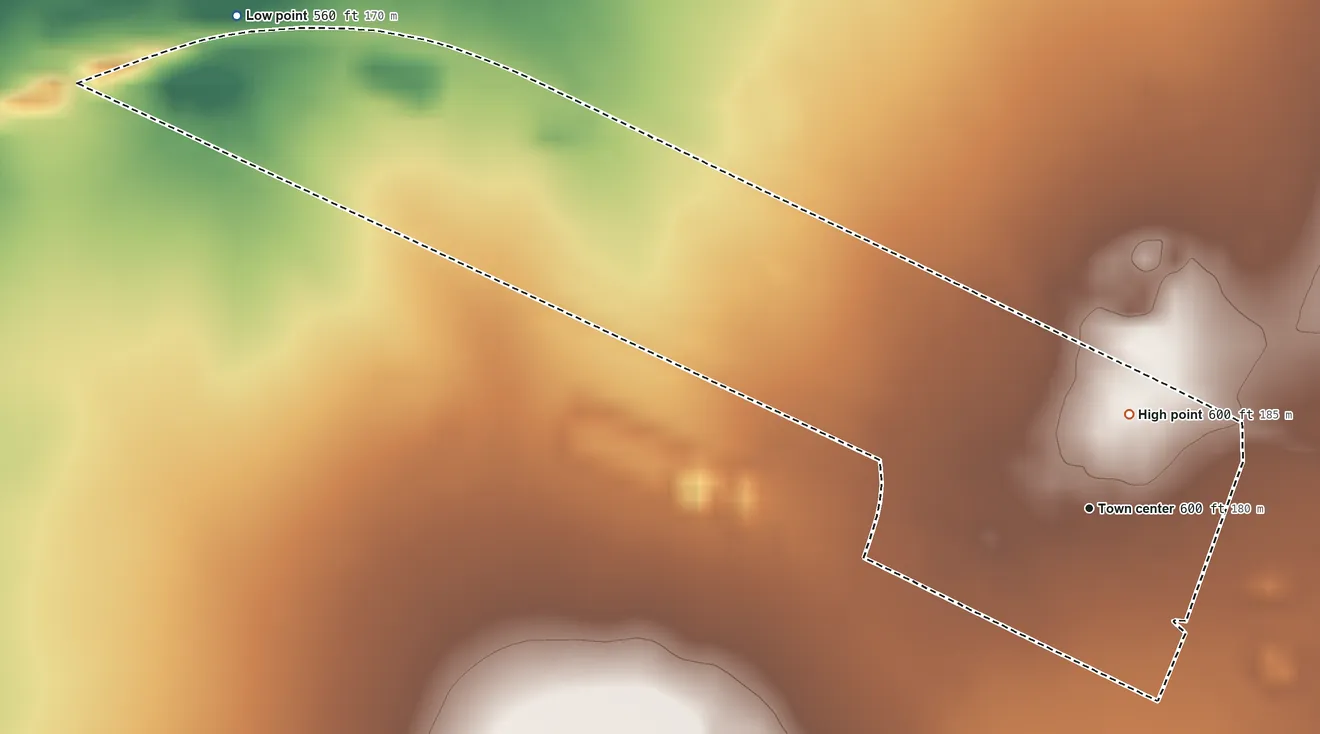 Topographic elevation map of Aguilares, Texas, shaded from 560 ft on the northwest side to 600 ft near the middle