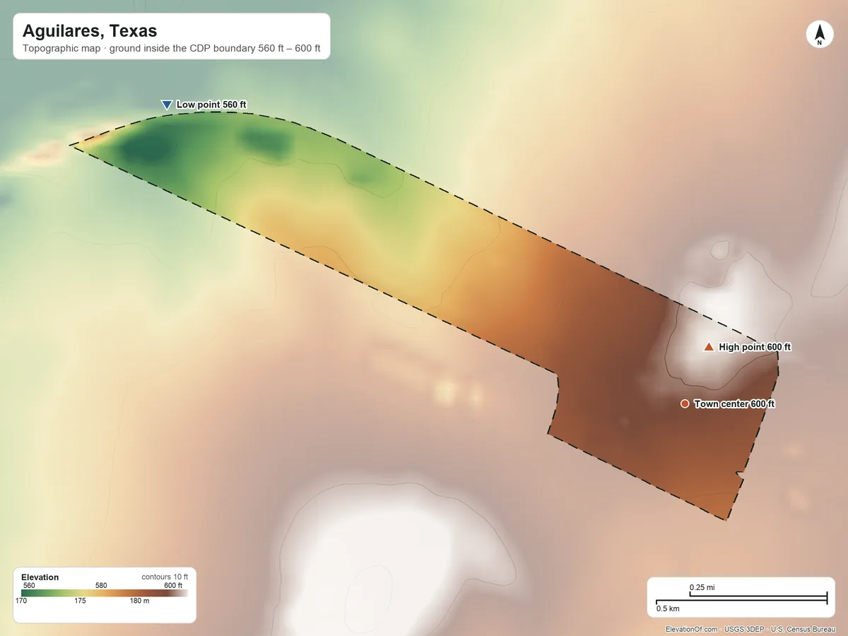 Topographic elevation map of Aguilares, Texas, shaded from 560 ft on the northwest side to 600 ft near the middle