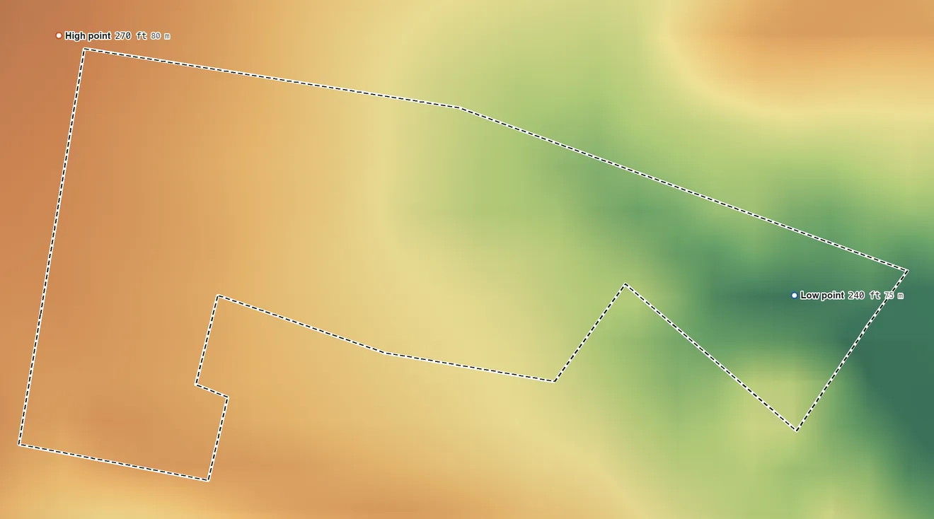 Topographic elevation map of Airport Heights, Texas, shaded from 240 ft on the east side to 270 ft on the northwest side