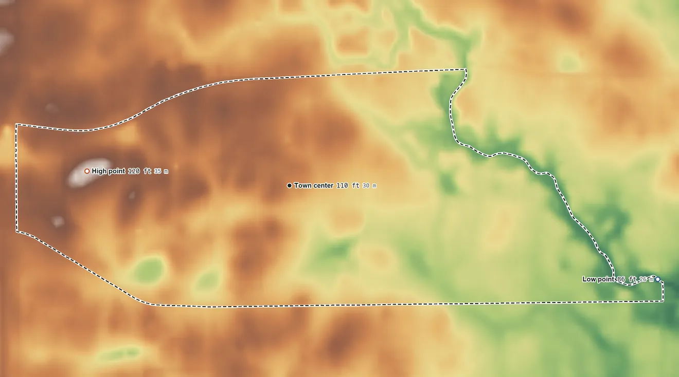 Topographic elevation map of Airport Road Addition, Texas, shaded from 86 ft on the east side to 120 ft on the west side