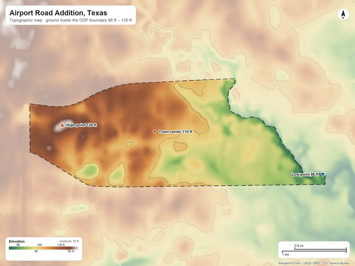Topographic elevation map of Airport Road Addition, Texas, shaded from 86 ft on the east side to 120 ft on the west side