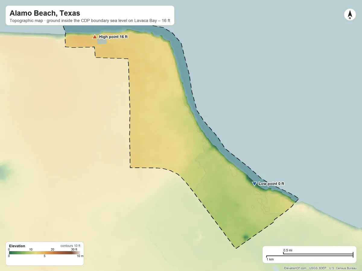 Topographic elevation map of Alamo Beach, Texas, shaded from sea level level on Lavaca Bay to 16 ft on the northwest side