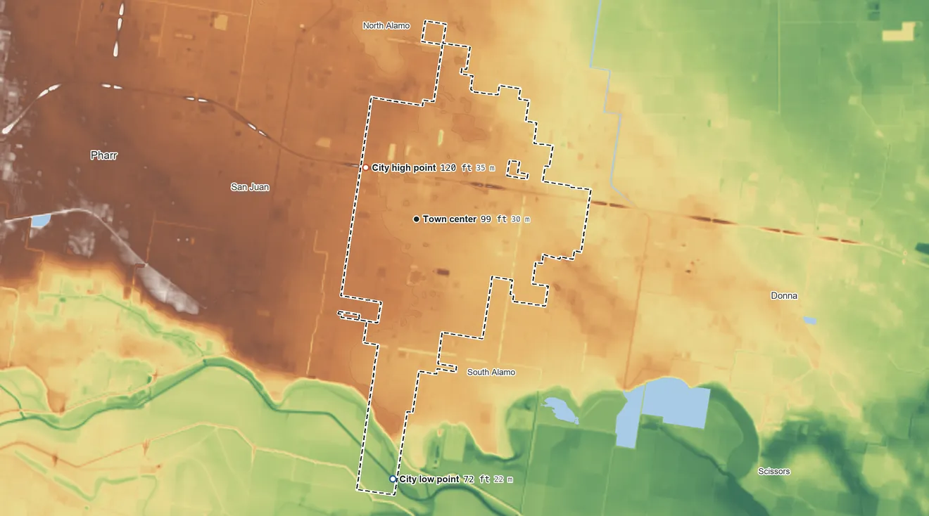 Topographic elevation map of Alamo, Texas, shaded from 72 ft on the south side to 120 ft on the northwest side