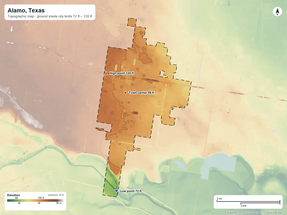 Topographic elevation map of Alamo, Texas, shaded from 72 ft on the south side to 120 ft on the northwest side