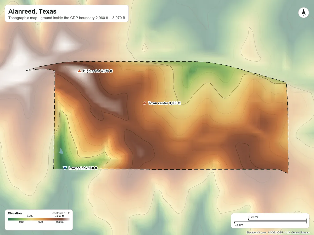 Topographic elevation map of Alanreed, Texas, shaded from 2,960 ft on the southwest side to 3,070 ft on the northwest side