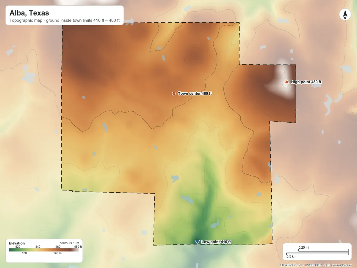 Topographic elevation map of Alba, Texas, shaded from 410 ft on the south side to 480 ft on the east side