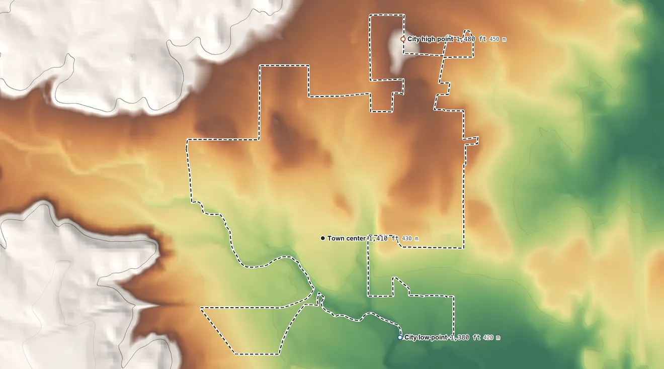 Topographic elevation map of Albany, Texas, shaded from 1,380 ft on the southeast side to 1,480 ft on the north side