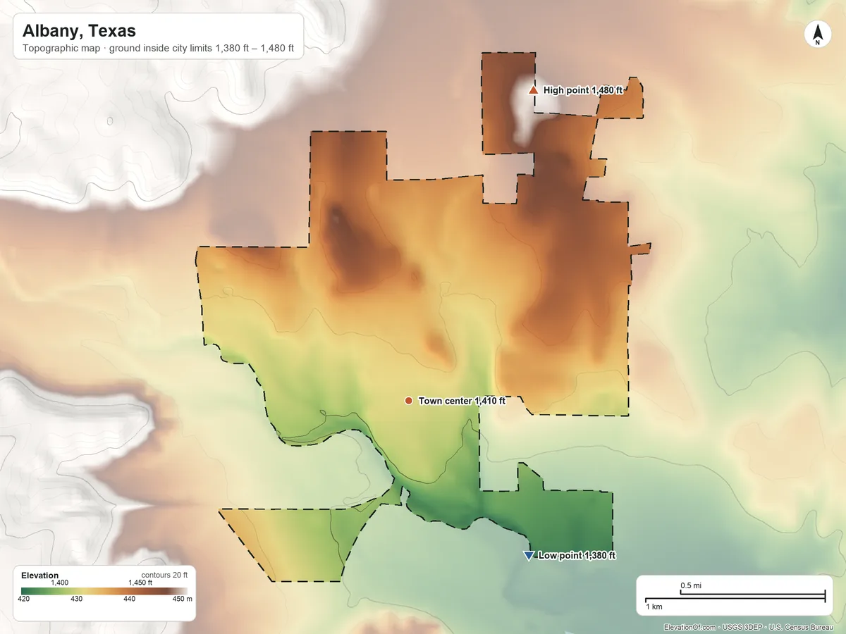 Topographic elevation map of Albany, Texas, shaded from 1,380 ft on the southeast side to 1,480 ft on the north side