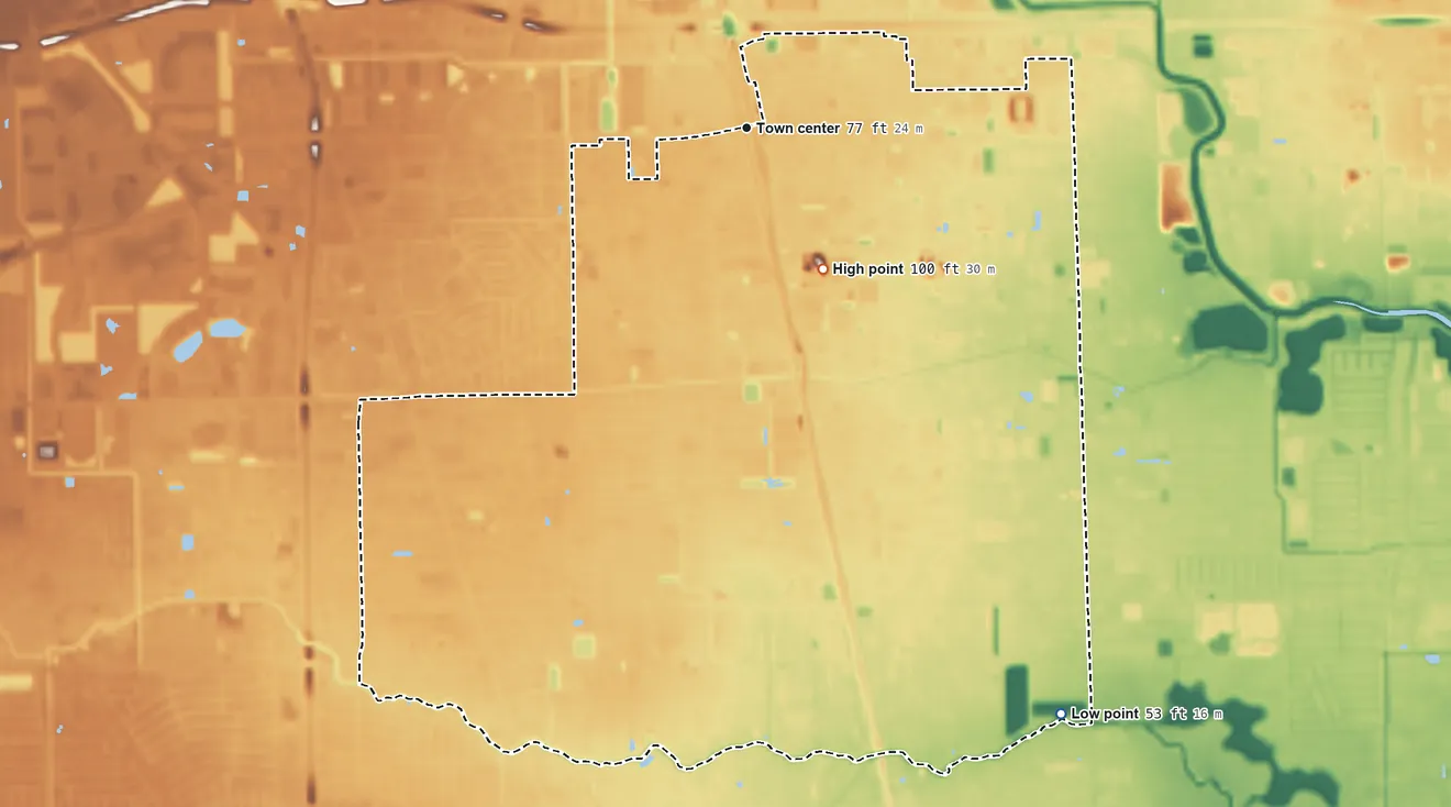 Topographic elevation map of Aldine, Texas, shaded from 53 ft on the southeast side to 100 ft on the southeast side