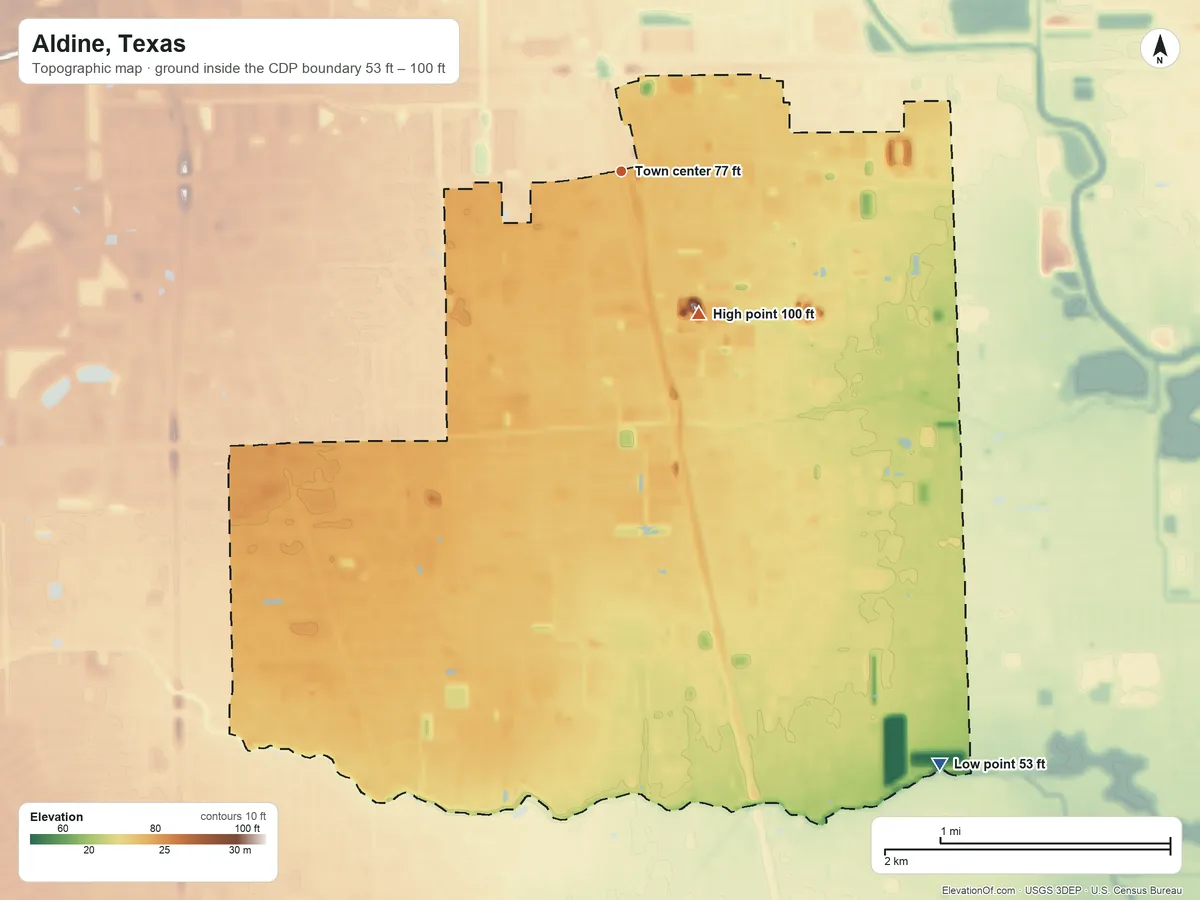 Topographic elevation map of Aldine, Texas, shaded from 53 ft on the southeast side to 100 ft on the southeast side