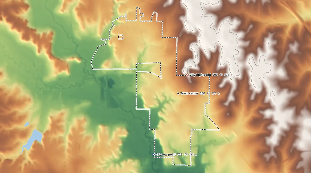 Topographic elevation map of Aledo, Texas, shaded from 770 ft on the south side to 990 ft on the northeast side