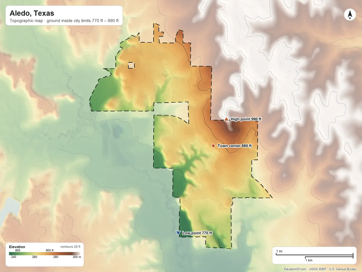 Topographic elevation map of Aledo, Texas, shaded from 770 ft on the south side to 990 ft on the northeast side
